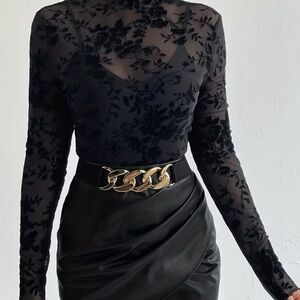 SHEIN Black Floral Long Sleeve Top with Gold Detail